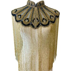 Gold Peacock Design Hand Beaded Fringe Cape